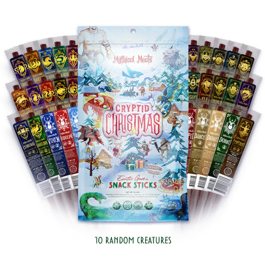 Mythical Meats Cryptid Christmas Pack – Exotic Jerky Gift Bag with 10 Random Meat Sticks - Case of 6